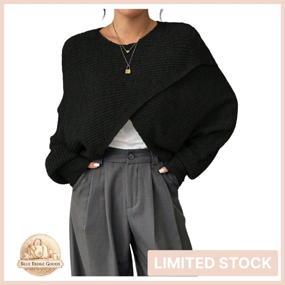 Lightweight Asymmetrical Wrap Sweater Cropped Puff Sleeve Chic Fall Pullover